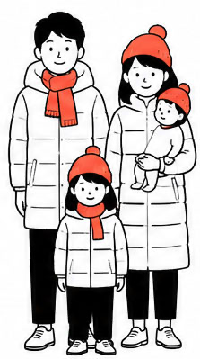 -4.7℃ごろの家族の服装イメージ（厚手コート・防寒着）