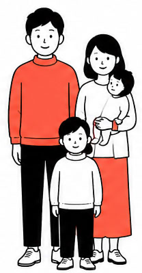 7.4℃ごろの家族の服装イメージ（しっかりした上着・セーター）